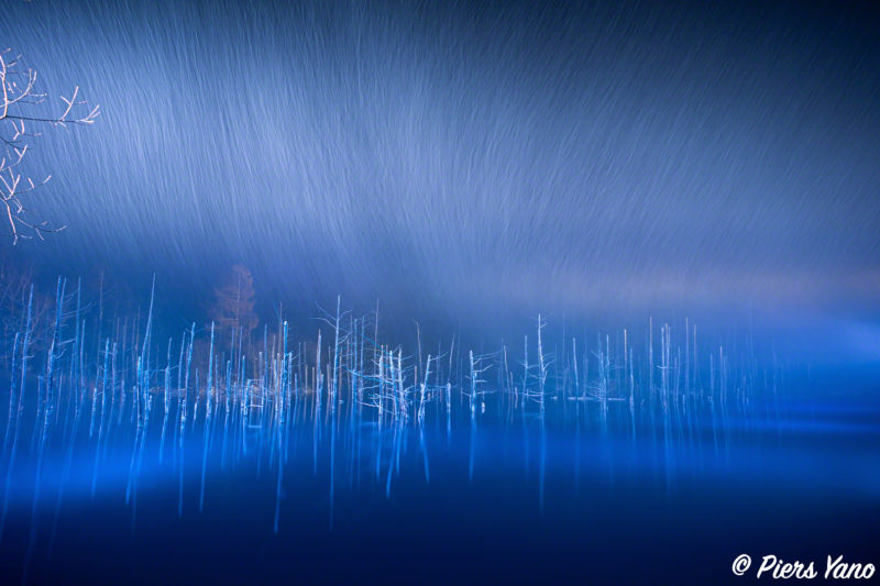 吹雪の青い池ライトアップ